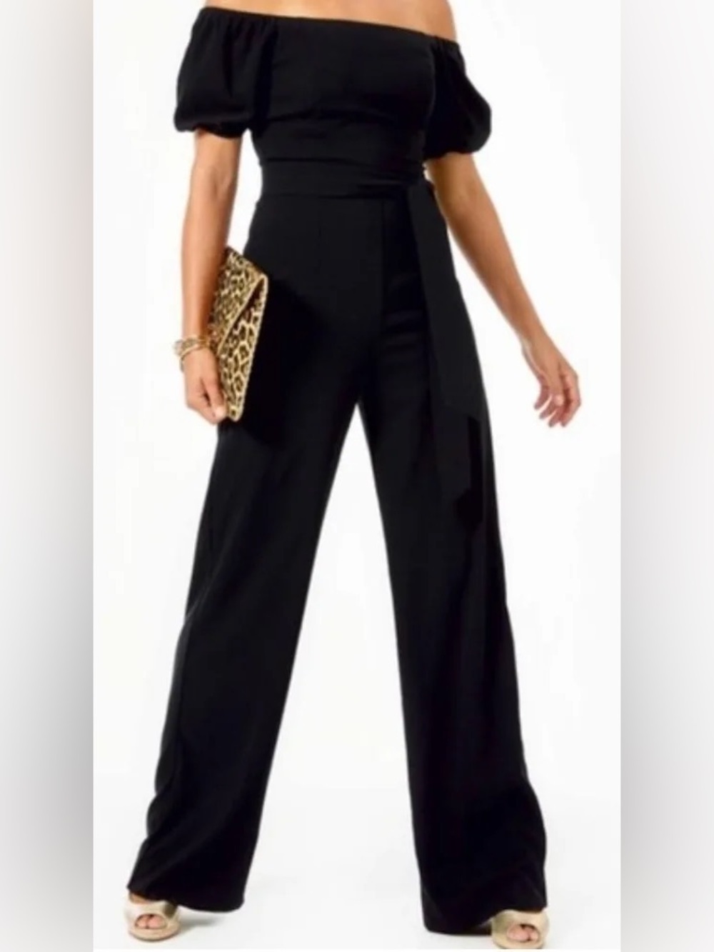 Lilly Pulitzer Jada black puff sleeve off the shoulder jumpsuit sz 4 preppy
